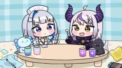  2girls :d ahoge amane_kanata amane_kanata_(nurse) armband bag black_dress blue_hair blue_shirt blush_stickers braid braided_bangs brown_eyes closed_mouth commentary_request crow_(la+_darknesss) cup dress drinking_glass gloves green_eyes grey_dress grey_hair handheld_game_console hat highres holding hololive indoors la+_darknesss la+_darknesss_(1st_costume) long_sleeves mimikaki mochimiko multicolored_hair multiple_girls nurse nurse_cap plastic_bag pointy_ears purple_hair shirt single_hair_intake smile streaked_hair table two-tone_hair unworn_shirt violet_eyes virtual_youtuber white_gloves white_hat 