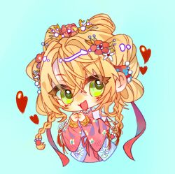  1girl :d aqua_background blonde_hair braid chibi chinese_clothes cropped_torso flower green_eyes hair_flower hair_ornament hands_up hanfu heart highres low_twin_braids official_alternate_costume pink_flower pink_hanfu reverse:1999 sangyi shuangyaji smile solo sotheby sotheby_(the_red_thread_of_fate) twin_braids upper_body 