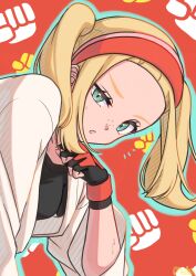  1girl black_gloves black_shirt blonde_hair clenched_hands dougi eyelashes fingerless_gloves freckles gloves green_eyes hairband headband highres josee_(pokemon) karate_gi long_sleeves looking_at_viewer mochitaro_(mothitaroo) open_mouth orange_headband pokemon pokemon_legends:_z-a shirt sidelocks solo sweat sweatdrop twintails undershirt upper_body 