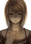  1girl amakura_mio fatal_frame fatal_frame_2 hand_on_own_chest highres lace-trimmed_shirt lips monochrome sepia short_hair sigematu-yomogi solo white_background 