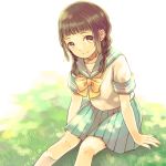  1girl brown_hair kamogawa_akira original school_uniform short_hair sitting skirt smile solo twintails yellow_eyes 