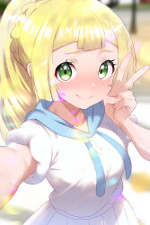  1girl absurdres blonde_hair blue_sailor_collar blurry blurry_background blush closed_mouth green_eyes highres lillie_(pokemon) looking_at_viewer pokemon pokemon_sm ponytail sailor_collar selfie shirokumaru_(yafm7388) shirt skirt smile solo v white_shirt white_skirt 