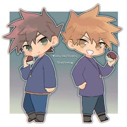  2boys absurdres arm_up blue_oak blue_pants blush_stickers boots border brown_boots brown_eyes brown_hair closed_mouth commentary double-parted_bangs english_text full_body gary_oak green_eyes grin hair_between_eyes highres holding holding_poke_ball jewelry long_sleeves looking_at_viewer male_focus multiple_boys necklace outside_border pants pendant pk_rgr96 poke_ball poke_ball_(basic) pokemon pokemon_(anime) pokemon_(classic_anime) pokemon_frlg purple_shirt shirt smile standing symbol-only_commentary teeth white_border 
