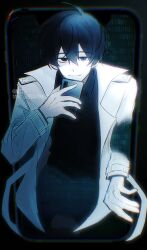  1boy :d binary black_eyes black_hair black_shirt chromatic_aberration coat cowboy_shot double-parted_bangs glitch_art hair_between_eyes highres holding holding_phone kim_dokja looking_at_viewer male_focus muzililsp omniscient_reader's_viewpoint open_clothes open_coat phone popped_collar shirt short_hair smile solo through_medium white_coat 