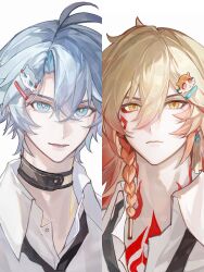  2boys absurdres antenna_hair arm_tattoo black_choker black_necktie blonde_hair blue_eyes braid chest_tattoo chinese_commentary choker collared_shirt commentary_request facial_tattoo gradient_hair hair_ornament hairpin highres honkai:_star_rail honkai_(series) loose_necktie male_focus medium_hair multicolored_hair multiple_boys mydei_(honkai:_star_rail) neck_tattoo necktie parted_bangs phainon_(honkai:_star_rail) qqrobot2 red_hair red_tattoo shirt short_hair side_braid simple_background sun_symbol sun_tattoo tattoo white_background white_hair white_shirt yellow_eyes 