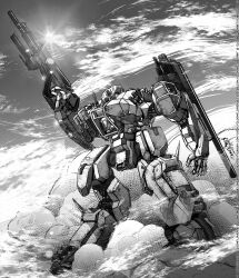  ben-day_dots blurry bokeh clouds commentary depth_of_field deviantart_username email_address english_commentary gloomflower greyscale gun hentai-foundry_username highres holding holding_gun holding_weapon lineart mecha mecha_focus missile_pod monochrome no_humans on_rock original outdoors patreon_username robot science_fiction screentones shoulder_cannon signature sky standing twitter_username weapon 