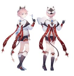  1boy absurdres bishounen black_boots black_gloves black_shorts book boots capelet dahlia_(genshin_impact) frilled_capelet frills from_behind full_body genshin_impact gloves hashtag-only_commentary hat highres holding holding_book hydro_symbol_(genshin_impact) knee_boots long_sleeves looking_at_viewer male_focus multiple_views open_book pink_hair shirt short_hair short_shorts shorts simple_background sleeve_cuffs violet_eyes vision_(genshin_impact) white_background white_hat white_shirt wolfram_1 