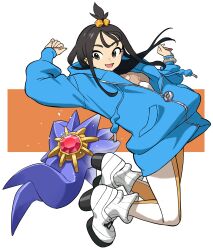  1girl asdf_4532 black_hair blue_hoodie boots breasts colored_skin cube_hair_ornament earclip full_body gem grey_eyes hair_ornament highres hood hood_down hoodie jacket leggings lida_(pokemon) long_hair long_legs long_sleeves looking_at_viewer mega_pokemon mega_ring mega_starmie no_eyes open_mouth orange_leggings pokemon pokemon_(creature) pokemon_legends:_z-a purple_skin red_gemstone ribbed_socks shirt shoes smile socks starfish starmie topknot two-tone_legwear white_boots white_leggings white_socks wispy_bangs 