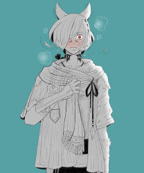  animal_ears blush cat_ears embarrassed final_fantasy final_fantasy_xiv g&#039;raha_tia hair_ornament hand_grip highres looking_at_viewer male_focus miqo&#039;te neck_tattoo nervous non-web_source red_eyes rinboo solo swept_bangs tattoo 