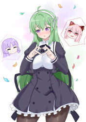  3girls :d ^_^ absurdres ahoge assault_lily averting_eyes banshouya_ena black_ribbon black_skirt blush bow_hairband breasts brown_pantyhose buttons chibi chinese_commentary closed_eyes closed_mouth commentary_request confetti cowboy_shot cropped_jacket endou_araya fang four-finger_heart_hands frilled_skirt frills gradient_background green_background green_hair hair_between_eyes hair_ribbon hairband hairpods heart heart_hands high-waist_skirt highres juliet_sleeves large_breasts long_hair long_sleeves looking_to_the_side miniskirt multiple_girls neck_ribbon no_pupils open_mouth pantyhose parted_lips pink_hair puffy_sleeves purple_background purple_hair raised_eyebrows red_eyes ribbon school_uniform shirt sideways_glance skirt smile speech_bubble spoken_character standing tanaka_ichi very_long_hair white_background white_hairband white_ribbon white_shirt xingguang yurigaoka_girls_academy_school_uniform 