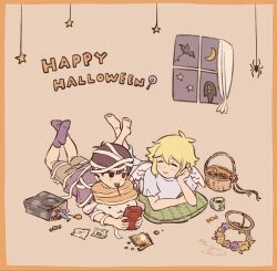  2boys :&gt; alternate_costume angel angel_wings antenna_hair bag barefoot basil_(faraway)_(omori) basil_(omori) basket black_eyes black_hair black_shirt black_socks blonde_hair blush bright_pupils brown_shorts candy character_doll closed_eyes closed_mouth doll double-parted_bangs fake_halo fake_wings feet_up flower flower_wreath food hair_between_eyes halloween_costume halo handheld_game_console happy_halloween head_wreath_removed highres holding holding_handheld_game_console lollipop_in_mouth lying male_focus multiple_boys mummy_costume omori on_stomach pancake_bunny_(omori) panyanonidaime pillow shirt short_sleeves shorts smile socks something_(omori) stuffed_toy sunny_(omori) t-shirt white_pupils wings 