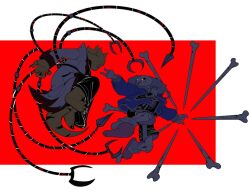 1boy 1girl alphys alternate_universe artsyrean blue_jacket bone colored_skin fighting glowing glowing_eye glowing_eyes grin jacket mechanical_tentacles midair pink_slippers pointing red_background reptile_girl sans_(undertale) simple_background skeleton slippers smile undertale utdr_(toby_fox) yellow_skin