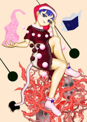  1girl black_dress blue_eyes blue_hair blush book crossed_legs doremy_sweet dress hat holding kams looking_at_viewer multicolored_dress nightcap nose_blush open_book pink_socks pom_pom_(clothes) red_hat socks tail touhou 