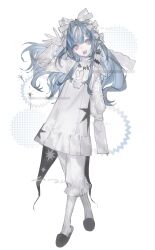  1girl absurdres blue_hair blunt_bangs bow dress full_body hair_bow hair_ornament heilanshuimuchu highres jewelry long_hair long_sleeves open_mouth original simple_background sleeves_past_wrists slippers solo white_background white_bow white_dress 