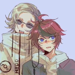  2boys :d ^_^ ahoge aotsuki_eito black_streaks blue_eyes blush closed_eyes drawstring earphones embarrassed grey_hair grey_jacket hashtag-only_commentary highres hood hoodie istelchr21811 jacket jacket_over_hoodie looking_to_the_side male_focus multicolored_hair multiple_boys nose_blush open_clothes open_jacket open_mouth purple_background red_hair shared_earphones short_hair simple_background smile streaked_hair sumino_takumi sunglasses teeth the_hundred_line_-last_defense_academy- upper_body upper_teeth_only white_hoodie white_jacket 