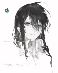  1boy black_hair collared_shirt greyscale hair_between_eyes heilanshuimuchu highres long_hair male_focus monochrome original parted_lips portrait shirt simple_background smile solo_focus twitter_username white_background white_shirt 
