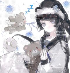  1girl animal_ears bear bear_ears black_hair black_hat black_sailor_collar blue_eyes blunt_bangs crescent english_text eyewear_on_head fur-trimmed_headwear fur_trim glasses hair_ornament hat heilanshuimuchu highres holding holding_stuffed_toy long_hair long_sleeves looking_at_viewer original puffy_long_sleeves puffy_sleeves red-framed_eyewear ribbon sailor_collar santa_hat school_uniform serafuku solo star_(symbol) stuffed_animal stuffed_toy teddy_bear too_many_watermarks watermark zzz 
