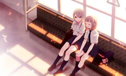  2girls bag black_legwear blonde_hair bow brown_eyes closed_eyes handbag highres kneehighs multiple_girls musco necktie original school_uniform shoes sitting skirt smile train tram window 