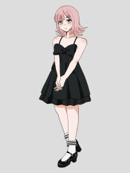  1girl alternate_costume bare_shoulders black_bow black_dress black_shoes blush bow brown_hair collarbone danganronpa_(series) danganronpa_2:_goodbye_despair dress flipped_hair full_body grey_background hair_ornament hida_mari_kaoru highres medium_hair nanami_chiaki own_hands_together shoes simple_background smile socks solo white_socks 