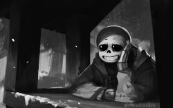  2025 2d arm_rest artist_name commentary digital_media elbow_rest english_commentary greyscale hand_on_own_cheek hood hood_down hooded_jacket humanoid inktober jacket looking_away male mewpet monochrome monster monster_boy open_clothes open_jacket sans_(undertale) skeleton sweater teeth undead undertale upper_body utdr_(toby_fox) 