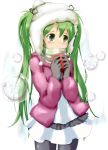  1girl blush green_eyes green_hair hatsune_miku highres long_hair naka pantyhose scarf skirt solo twintails valentine vocaloid 