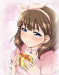  1girl announcement_celebration birthday blue_eyes blush brown_hair choker gift hairband holding_gift idolmaster idolmaster_cinderella_girls jpeg_artifacts sakuma_mayu smile solo tears zanzi 