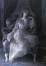  1girl armchair barefoot brown_eyes brown_hair chair curtains dress ea_ateu expressionless hair_between_eyes highres leaning_to_the_side long_hair open_collar original parted_bangs sash sidelocks sitting solo very_long_hair wall_lamp white_dress white_sash 