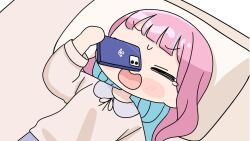  1girl anchor_symbol arm_up blue_hair blush blush_stickers brown_shirt cellphone chibi closed_eyes collared_shirt dropping highres holding holding_phone hololive long_hair long_sleeves lying minato_aqua mochimiko multicolored_hair nose_blush on_back open_mouth phone pillow pink_hair puffy_long_sleeves puffy_sleeves shirt solo streaked_hair tears two-tone_hair virtual_youtuber wavy_mouth 