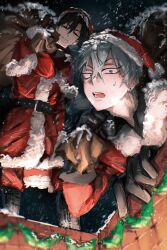  2boys absurdres alien_stage belt black_belt black_gloves black_hair coat commentary english_commentary fang fang_out gloves green_eyes grey_hair hat hawk_till highres holding holding_sack ivan_(alien_stage) male_focus multiple_boys red_coat red_hat red_pupils sack santa_costume santa_hat till_(alien_stage) 