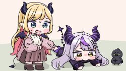  2girls animal bird black_dress black_wings blonde_hair blush_stickers boots brown_boots brown_eyes brown_skirt chibi crow_(la+_darknesss) demon_girl demon_horns demon_tail demon_wings dress fang green_eyes high_heel_boots high_heels highres hololive horns jacket la+_darknesss la+_darknesss_(1st_costume) long_hair long_sleeves lying mochimiko multicolored_hair multiple_girls on_stomach open_clothes open_jacket open_mouth pantyhose pink_hair pink_jacket pleated_skirt pointy_ears puffy_long_sleeves puffy_sleeves purple_pantyhose shadow shirt skirt squatting sweat tail tears two-tone_hair very_long_hair virtual_youtuber wavy_mouth white_shirt wings yurie_mouth yuzuki_choco 