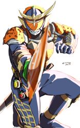  1boy armor blurry blurry_foreground full_body helmet highres holding holding_sword holding_weapon kamen_rider kamen_rider_gaim kamen_rider_gaim_(series) lock_seed male_focus olo_22222 on_one_knee orange_armor orange_eyes orange_helmet solo sword tokusatsu weapon 
