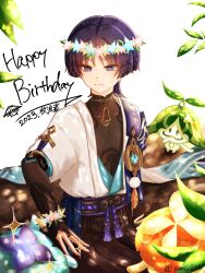  1boy 2023 anemo_symbol_(genshin_impact) aranara_(genshin_impact) armor arms_at_sides belt black_belt black_bodysuit black_bow black_bridal_gauntlets blue_flower blue_gemstone blue_kimono blue_sleeves blunt_ends bodysuit bow bridal_gauntlets bright_pupils cape character_name closed_mouth creature eyeliner eyeshadow feathers flower flower_wreath furisode gem genshin_impact gold gold_ring happy_birthday highres japanese_armor japanese_clothes juban kimono kote kurokote layered_sleeves leaf light_blush looking_at_creature makeup male_focus mandarin_collar middle_ring open_clothes open_hand open_kimono outdoors pink_flower pom_pom_(clothes) pon_oi4 purple_cape purple_hair purple_rope purple_sash red_eyeliner red_eyeshadow rope sash scaramouche_(genshin_impact) short_sleeves shoulder_peek sitting sitting_on_branch smile sweatdrop tassel tsurime twitter_username violet_eyes wanderer_(genshin_impact) white_background white_kimono white_pupils white_sleeves white_trim wispy_bangs yellow_feathers yellow_flower 