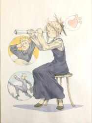  1boy 1girl arms_up black_dress black_pajamas black_pants black_shirt black_shoes black_suit blanket blonde_hair blue_eyes bow briefcase closed_mouth commentary dress folded_ponytail green_eyes green_shoes hair_bow hands_up heart highres holding holding_briefcase long_dress notice_lines on_stairs on_stool one_eye_closed original pajamas pants peter_salt pinafore_dress ribbed_sweater rubbing_eyes shirt shoes short_hair sitting sleeveless sleeveless_dress smile speech_bubble spoken_heart spoken_notice_lines spyglass stretching suit sweater traditional_media waking_up watching yellow_sweater 