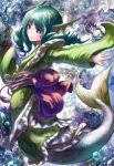  1girl animal_ears blue_eyes blue_hair bubble head_fins japanese_clothes long_sleeves mermaid monster_girl obi short_hair smile solo touhou tourniquet505 underwater wakasagihime wide_sleeves 