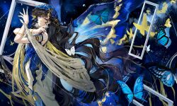  1girl absurdres armlet bare_shoulders black_hair blue_background blue_butterfly blue_dress blue_veil bug butterfly cowboy_shot dress evening_gown grin hands_up highres isolde_(reverse:1999) jewelry long_dress long_hair looking_at_viewer official_alternate_costume picture_frame reverse:1999 san_sui_dingshang_ya shawl sleeveless sleeveless_dress smile solo too_many too_many_butterflies two-tone_dress veil very_long_hair violet_eyes white_dress white_shawl 