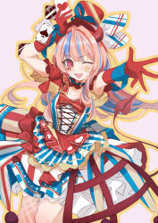  1girl absurdres ace_(playing_card) ace_of_hearts ace_of_spades blue_hair breasts card demon_tail dress gloves hat heart highres horns multicolored_hair one_eye_closed original pink_eyes pink_hair playing_card red_gloves small_breasts solo spade_(shape) streaked_hair tail two-tone_hair yakurope-moko 
