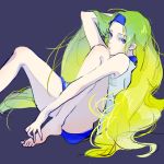  1girl barefoot blonde_hair blue_eyes dress forehead guilty_gear hand_in_hair headband komugi_(beertree) long_hair millia_rage reclining short_dress sleeveless solo toes very_long_hair 