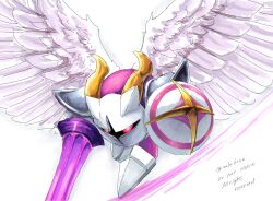  1boy angel_wings artist_name commentary_request galacta_knight highres holding holding_polearm holding_shield holding_weapon horned_mask kirby_(series) lance male_focus mask polearm raimu_(ankohome) red_eyes shield twitter_username weapon white_mask wings 