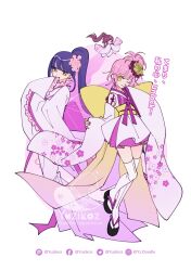  1boy 2girls absurdres blunt_bangs commentary facebook_username flower fujisaki_nadeshiko full_body guardian_chara hair_flower hair_ornament hashtag-only_commentary high_side_ponytail highres hinamori_amu instagram_username japanese_clothes kimono looking_at_viewer multiple_girls obi one_eye_closed pink_hair purple_hair sash short_bangs short_kimono shugo_chara! sidelocks simple_background smile socks symbol-only_commentary temari_(shugo_chara!) white_background wide_sleeves wings yellow_eyes yellow_sash yuzikoz_mega 