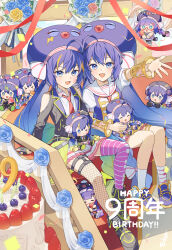  1other 2girls :d ahoge ankle_boots arm_guards arm_support arm_up asymmetrical_legwear bare_legs bare_shoulders belt black_belt black_boots black_gloves black_jacket blue_eyes blue_flower blue_hair blue_hat blue_nails blue_rose blue_shirt blue_shoes blueberry blush boots bouquet braid cake character_doll clothing_cutout collared_shirt commentary_request confetti doll double-parted_bangs dual_persona eel_hat facial_mark fang fingerless_gloves fishnet_thighhighs fishnets flower food fruit full_body gloves hair_between_eyes happy_birthday hat highres holding holding_doll huge_ahoge indoors jacket kneehighs knees_apart_feet_together knees_up lapels large_hat legwear_garter long_hair long_sleeves looking_at_viewer low-braided_long_hair low-tied_long_hair low_twintails miniskirt mismatched_socks mismatched_thighhighs multicolored_hair multiple_girls musical_note nail_polish necktie notched_lapels number_candle open_clothes open_jacket open_mouth orange_hair otomachi_una otomachi_una_(spicy) otomachi_una_(sugar) otomachi_una_(talkex) otomachi_una_(vocaloid6_spicy) otomachi_una_(vocaloid6_sugar) otomachi_una_(voicepeak) outstretched_arm petticoat pink_thighhighs pleated_skirt puffy_short_sleeves puffy_sleeves red_necktie rose sailor_collar shirt shoes short_sleeves shoulder_cutout single_fishnet_legwear sitting sitting_on_stairs skirt sleeveless sleeveless_shirt smile socks stairs strawberry streaked_hair striped_clothes striped_thighhighs suiso_sn3 talkex thigh-highs translation_request twintails two-tone_hair very_long_hair vocaloid voicepeak white_sailor_collar white_shirt white_skirt white_socks zettai_ryouiki 