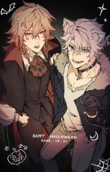  2boys antenna_hair bilingual_commentary black_choker black_coat black_gloves black_jacket black_pants black_shirt blonde_hair blue_eyes braid chain chain_leash choker coat commentary_request english_commentary facial_tattoo fur-trimmed_jacket fur_trim gloves gradient_hair grey_pants halloween halloween_costume highres honkai:_star_rail honkai_(series) jacket leash male_focus medium_hair mixed-language_commentary multicolored_hair multiple_boys mydei_(honkai:_star_rail) neck_tattoo oshoyu_(aree9) pants parted_bangs phainon_(honkai:_star_rail) red_hair red_tattoo shirt short_hair side_braid sun_symbol sun_tattoo tattoo torn_clothes torn_shirt white_hair white_shirt yellow_eyes 