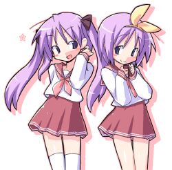  2girls blush bow drawpile_(medium) hair_ribbon hairband hiiragi_kagami hiiragi_tsukasa long_hair lucky_star multiple_girls neckerchief negiwave2000 open_mouth pink_neckerchief purple_hair red_sailor_collar ribbon sailor_collar school_uniform serafuku short_hair siblings sisters skirt smile twins twintails yellow_bow yellow_hairband 