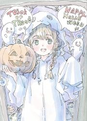  1girl :d blush braid brown_hair cowboy_shot dot_nose double-parted_bangs fangs ghost ghost_costume green_eyes hair_between_eyes halloween highres holding holding_pumpkin jack-o&#039;-lantern open_mouth original poranka_(porankaran) pumpkin sidelocks sleeves_past_fingers sleeves_past_wrists smile solo speech_bubble trick_or_treat twin_braids 