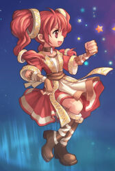  1girl archived_source blue_background boots breasts brown_boots brown_collar brown_gloves brown_sash clenched_hand collar commentary_request copyright_request dress elbow_gloves fingerless_gloves gloves knee_boots korean_commentary leg_up long_hair lowres medium_dress official_art open_mouth profile red_dress red_eyes red_hair red_sleeves ring_hair_ornament short_sleeves sidelocks sleeve_cuffs small_breasts softmax space standing standing_on_one_leg star_(sky) star_(symbol) tiv tongue twintails v-shaped_eyebrows wavy_hair wide_sleeves 