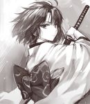  1girl black_hair japanese_clothes kara_no_kyoukai kimono momoko_(momopoco) monochrome obi ryougi_shiki short_hair solo sword weapon 