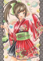  1girl blush border bow brown_hair christmas_ornaments commentary_request cowboy_shot dot_nose floral_print floral_print_kimono green_bow green_sash grey_eyes hair_bow high_ponytail highres japanese_clothes kimono long_hair long_sleeves looking_at_viewer marker_(medium) midori_(mira567) obi open_mouth original ornate_border parted_bangs pink_background ponytail print_kimono red_kimono sash sidelocks smile solo standing straight-on traditional_media wide_sleeves 