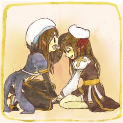  2girls 91s arch_bishop_(ragnarok_online) beret black_dress black_eyes black_gloves black_pants bow brown_hair closed_eyes coat commentary_request cross dress fishnet_thighhighs fishnets full_body gloves grey_coat hat hat_bow headpat juliet_sleeves long_hair long_sleeves lowres multiple_girls open_mouth pants pointy_ears puffy_sleeves ragnarok_online red_bow sash smile thigh-highs two-tone_dress warlock_(ragnarok_online) white_dress white_hat white_thighhighs yellow_background yellow_sash 