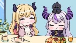  2girls :t animal animal_on_head bird black_dress black_wings blonde_hair blush_stickers braid braided_bangs cake cake_slice chibi closed_eyes closed_mouth commentary_request crow_(la+_darknesss) cup demon_girl demon_horns demon_wings dress drinking_glass drooling eating food food_art fork green_eyes grey_hair hamburger_steak highres holding holding_fork hololive horns indoors jacket juice la+_darknesss la+_darknesss_(1st_costume) long_hair long_sleeves mini_flag mochimiko mug multicolored_hair multiple_girls okosama_lunch on_head open_clothes open_jacket orange_juice pink_hair pink_jacket plate pointy_ears puffy_long_sleeves puffy_sleeves purple_hair shirt streaked_hair table tako-san_wiener two-tone_hair very_long_hair virtual_youtuber wavy_mouth white_shirt window wings yuzuki_choco 