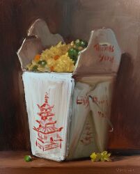  english_commentary food food_focus fried_rice highres no_humans noah_verrier oil_painting_(medium) original painting_(medium) peas rice still_life takeout_container traditional_media 