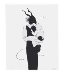  1boy 1girl body_fur boots carrying child child_carry closed_eyes commentary_request cowboy_shot dress grey_background greyscale highres horns monochrome nagabe sensei_(totsukuni_no_shoujo) shiva_(totsukuni_no_shoujo) simple_background solo standing tail totsukuni_no_shoujo translation_request vest 